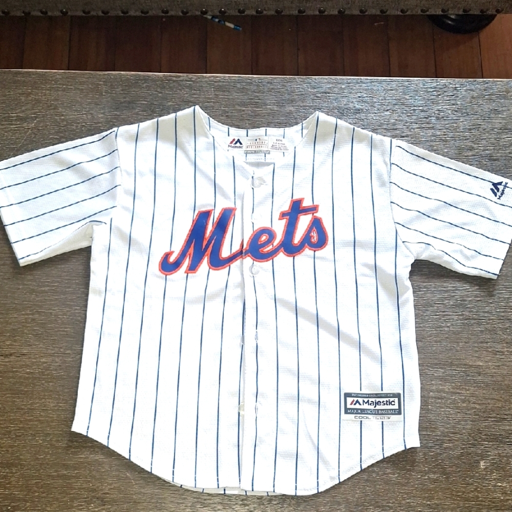 Majestic Kids White and Blue Striped Mets Shirt